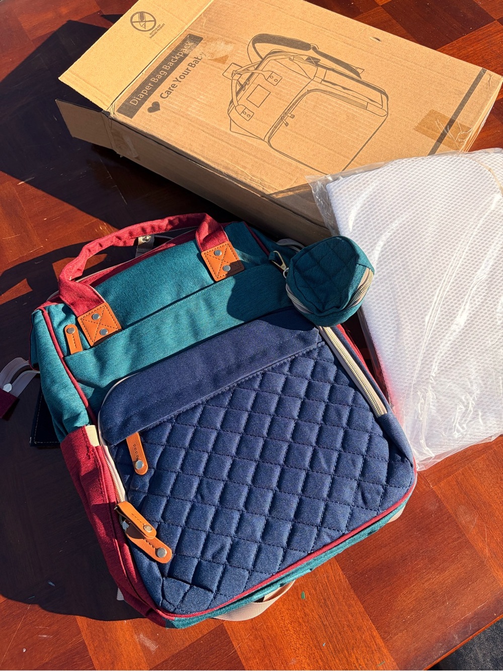 Multi-Compartment Diaper Bag Backpack Tote - Navy, Teal & Burgundy